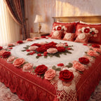 Ivory Rose Crochet Print Bedsheet Set (Ruby Red)