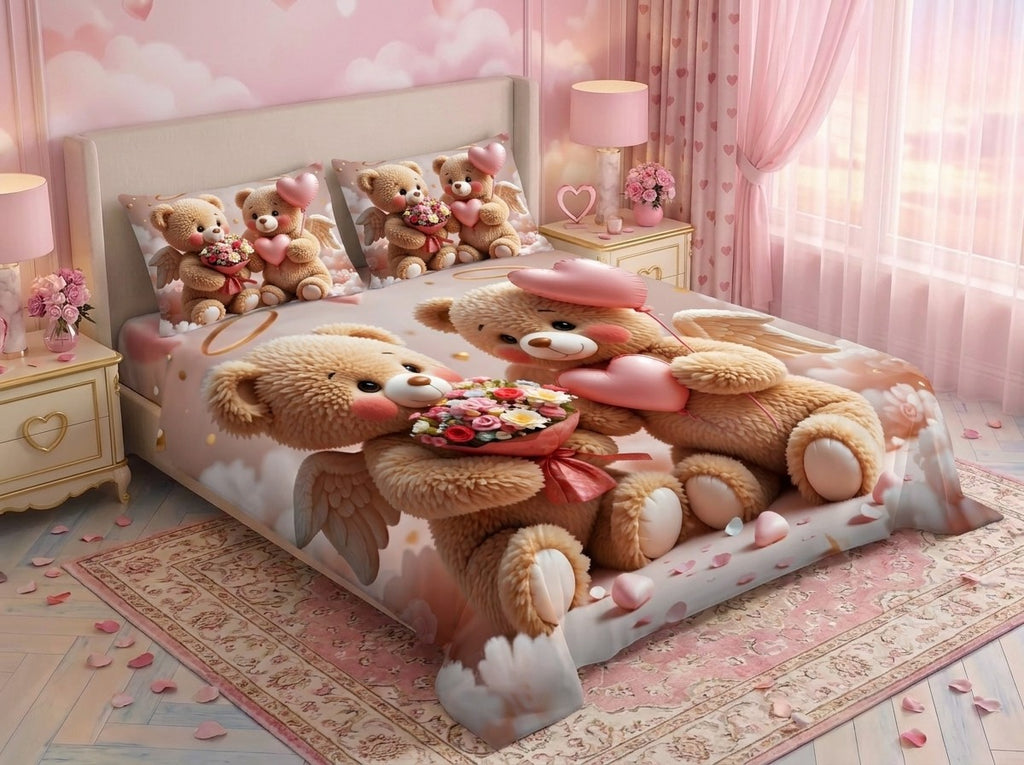 Magic Nights bear cross 7D Bedsheet - (Pink)