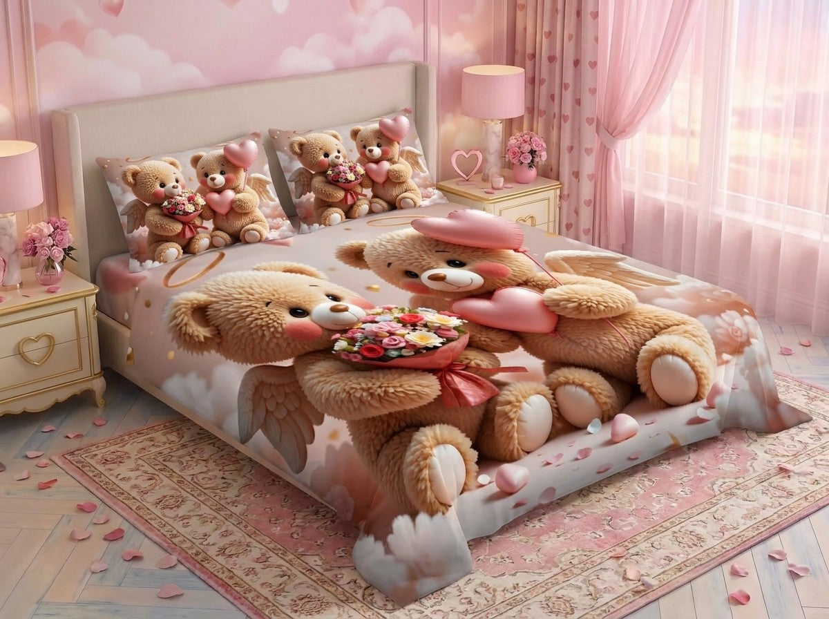 Magic Nights bear cross 7D Bedsheet - (Pink)