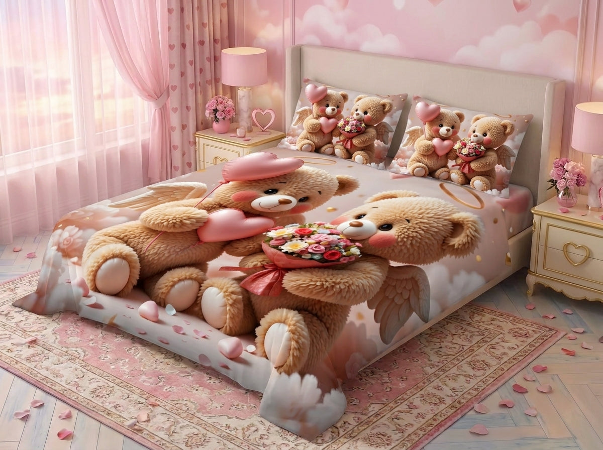 Magic Nights bear cross 7D Bedsheet - (Pink)