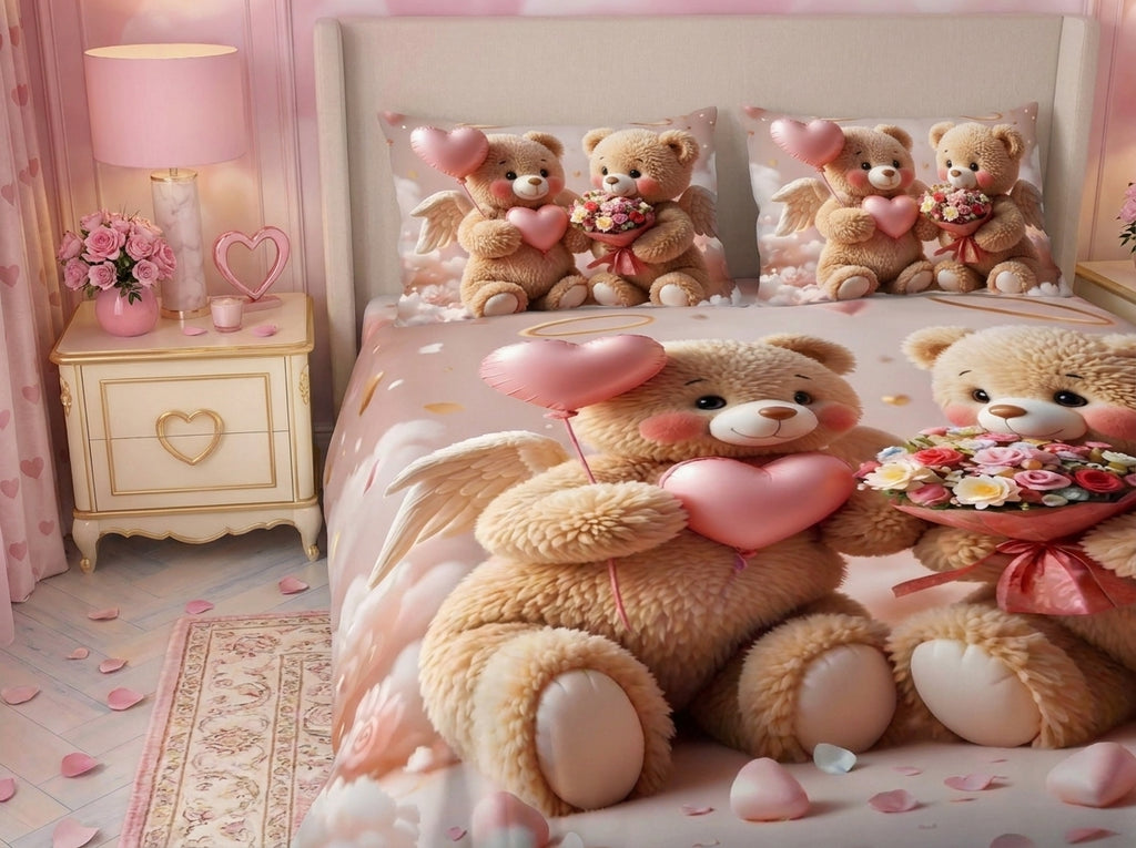 Magic Nights bear cross 7D Bedsheet - (Pink)