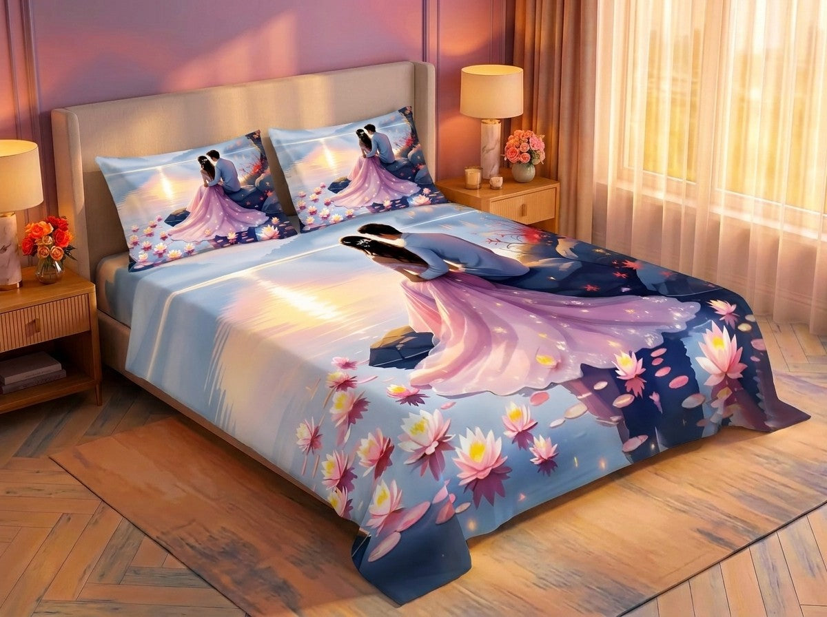 Magic Nights Moonlit Swan 7D Bedsheet - (Purple)