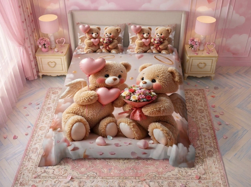 Magic Nights bear cross 7D Bedsheet - (Pink)