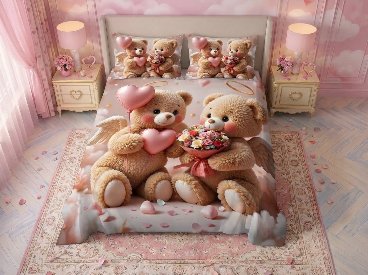 Magic Nights bear cross 7D Bedsheet - (Pink)