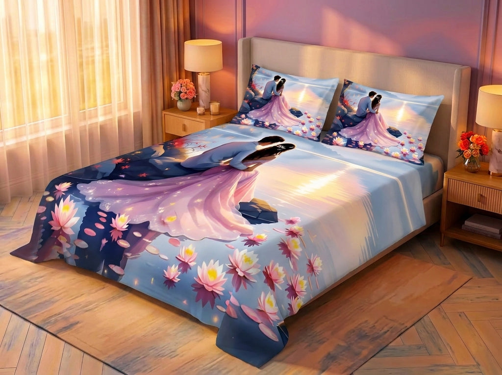 Magic Nights Moonlit Swan 7D Bedsheet - (Purple)