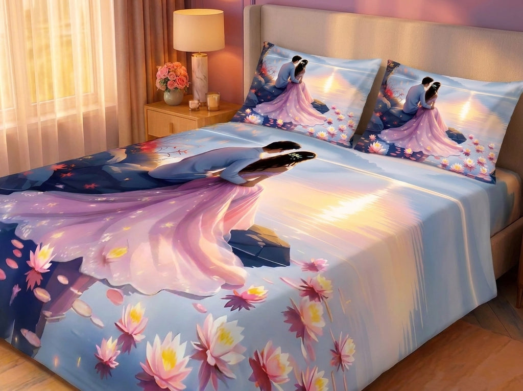 Magic Nights Moonlit Swan 7D Bedsheet - (Purple)