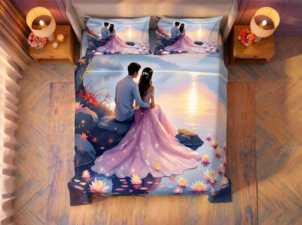 Magic Nights Moonlit Swan 7D Bedsheet - (Purple)