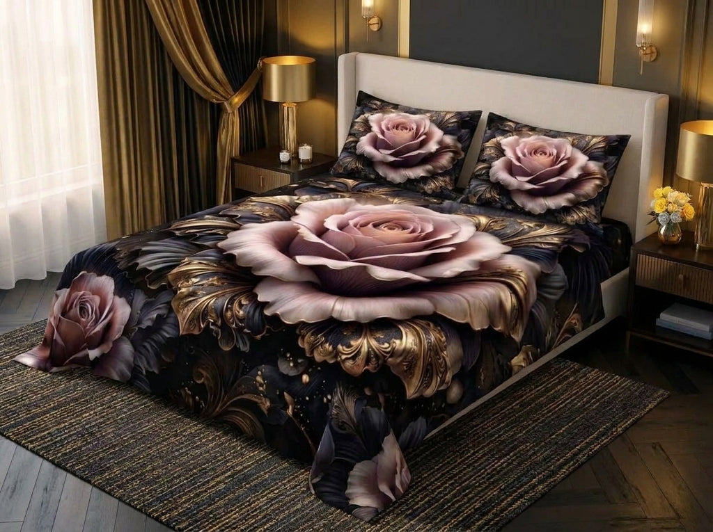 Magic Nights Velvet Rose 7D Bedsheet - (Black)