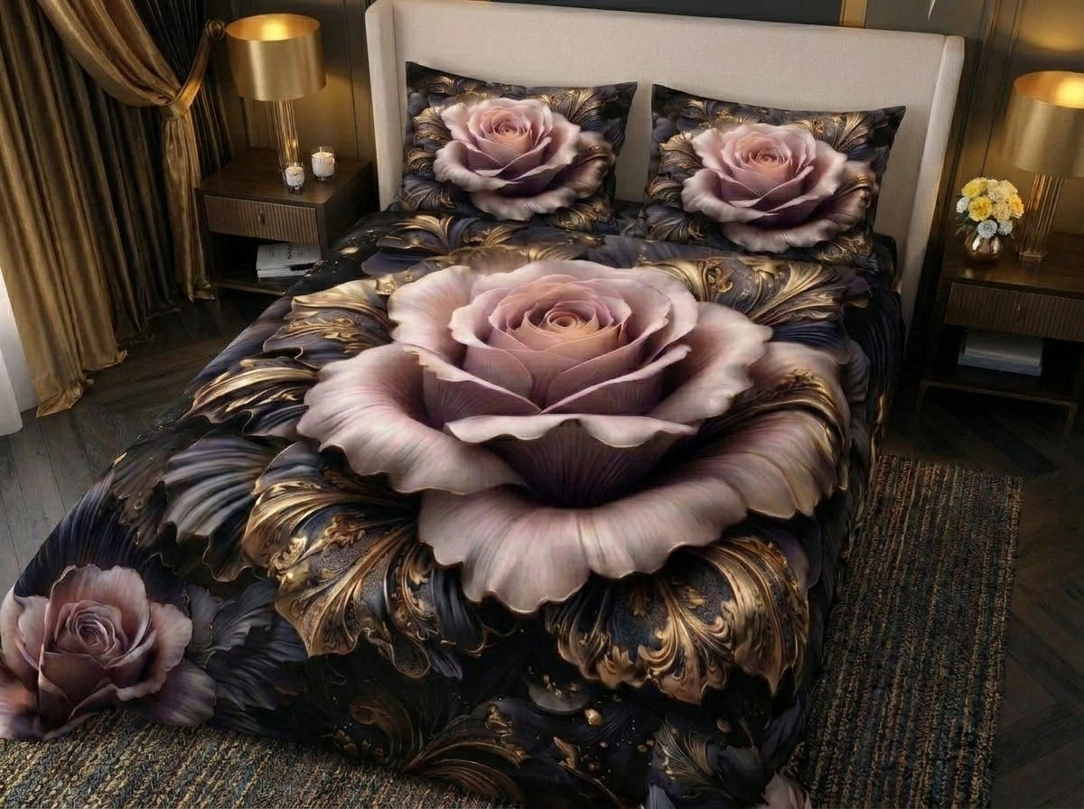 Magic Nights Velvet Rose 7D Bedsheet - (Black)