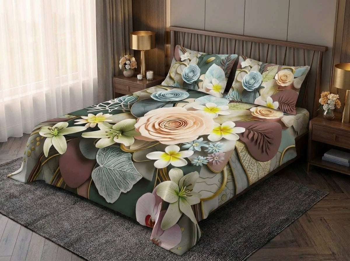 Magic Nights Floral Harmony 7D Bedsheet - (Sage Green)