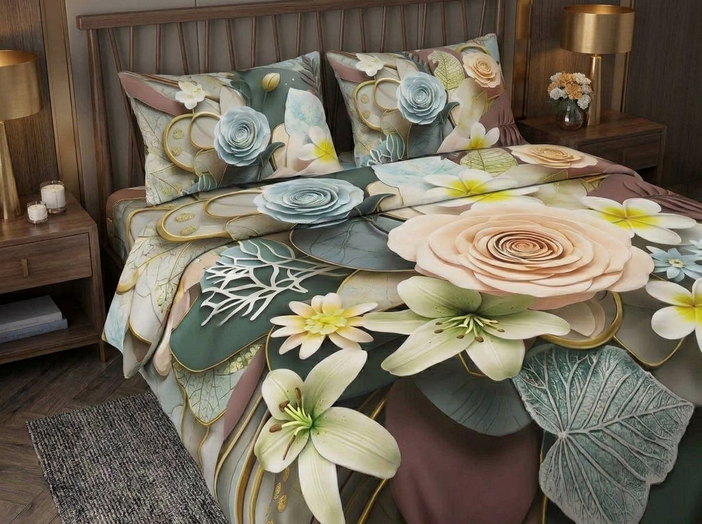 Magic Nights Floral Harmony 7D Bedsheet - (Sage Green)