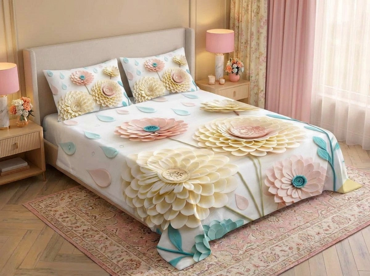 Magic Nights Pastel Petals 7D Bedsheet - (White)