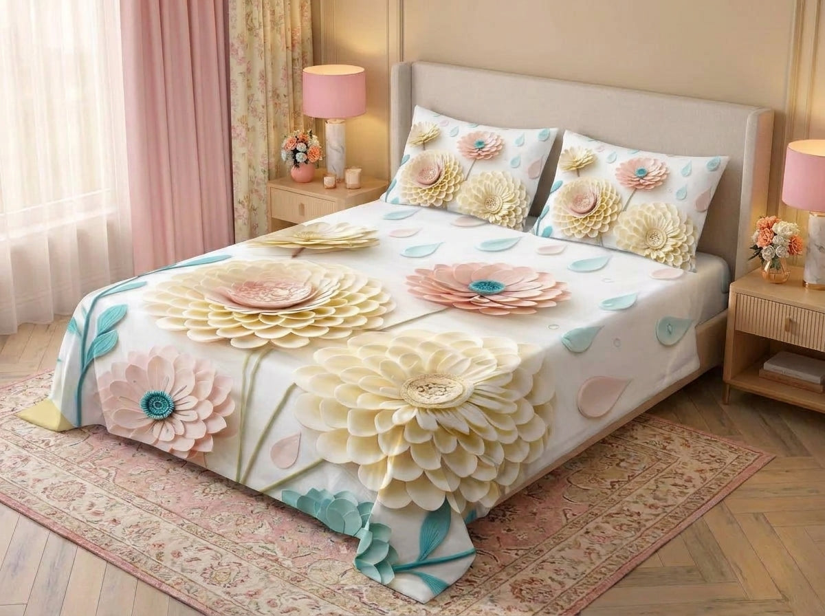 Magic Nights Pastel Petals 7D Bedsheet - (White)