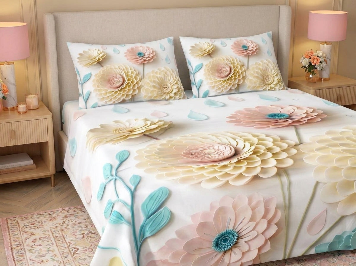 Magic Nights Pastel Petals 7D Bedsheet - (White)