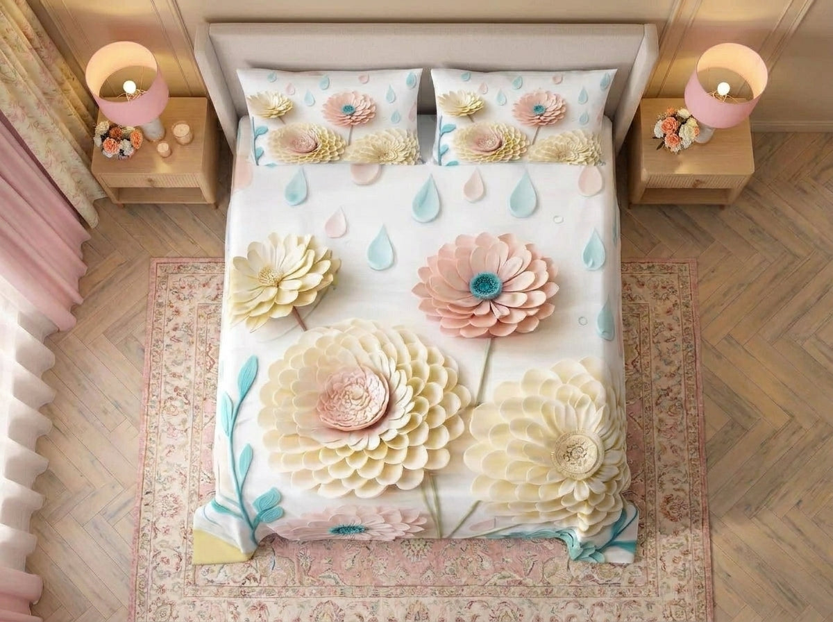 Magic Nights Pastel Petals 7D Bedsheet - (White)