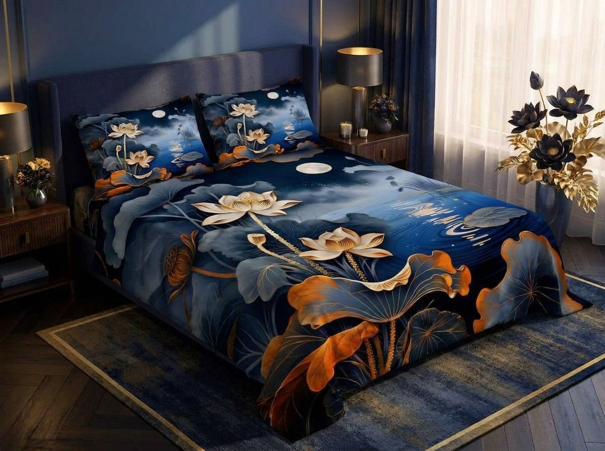 Magic Nights Moonlit Lotus 7D Bedsheet - (Midnight Blue)