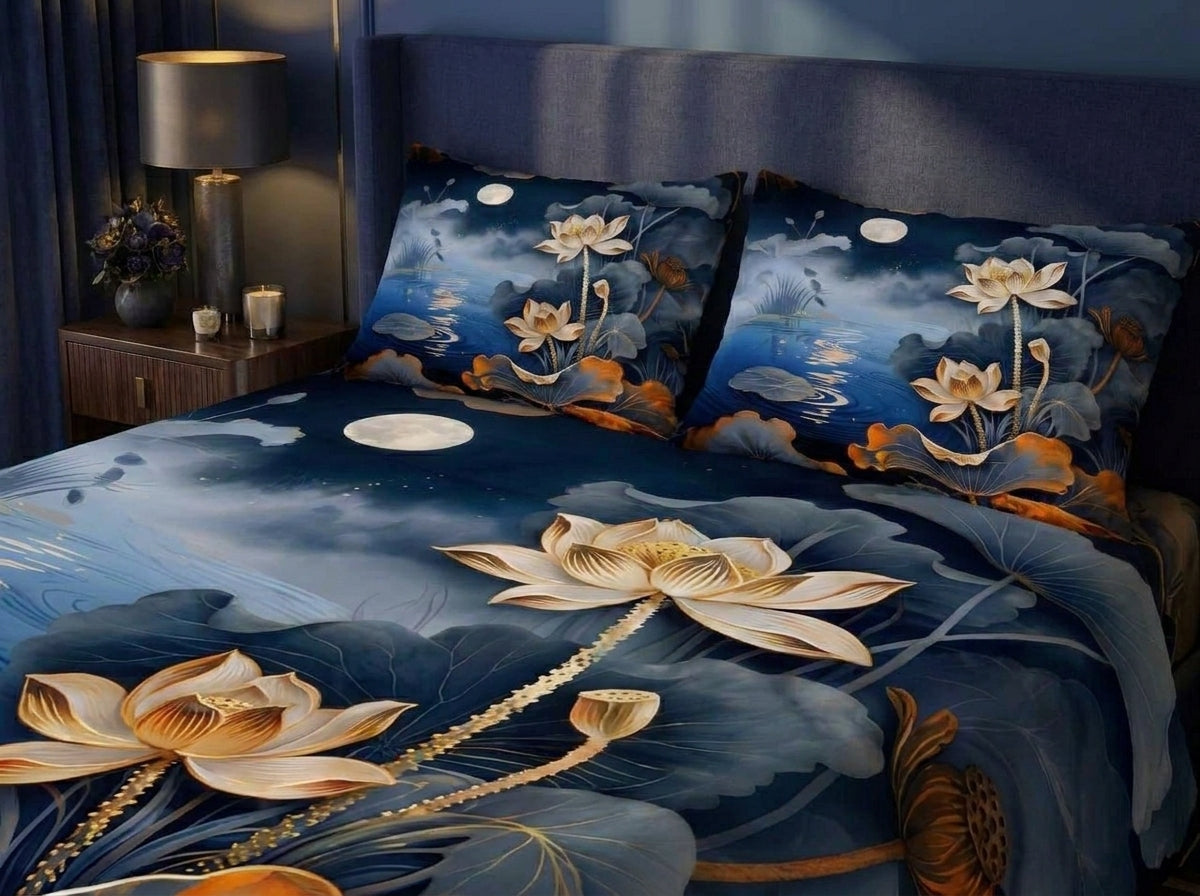 Magic Nights Moonlit Lotus 7D Bedsheet - (Midnight Blue)