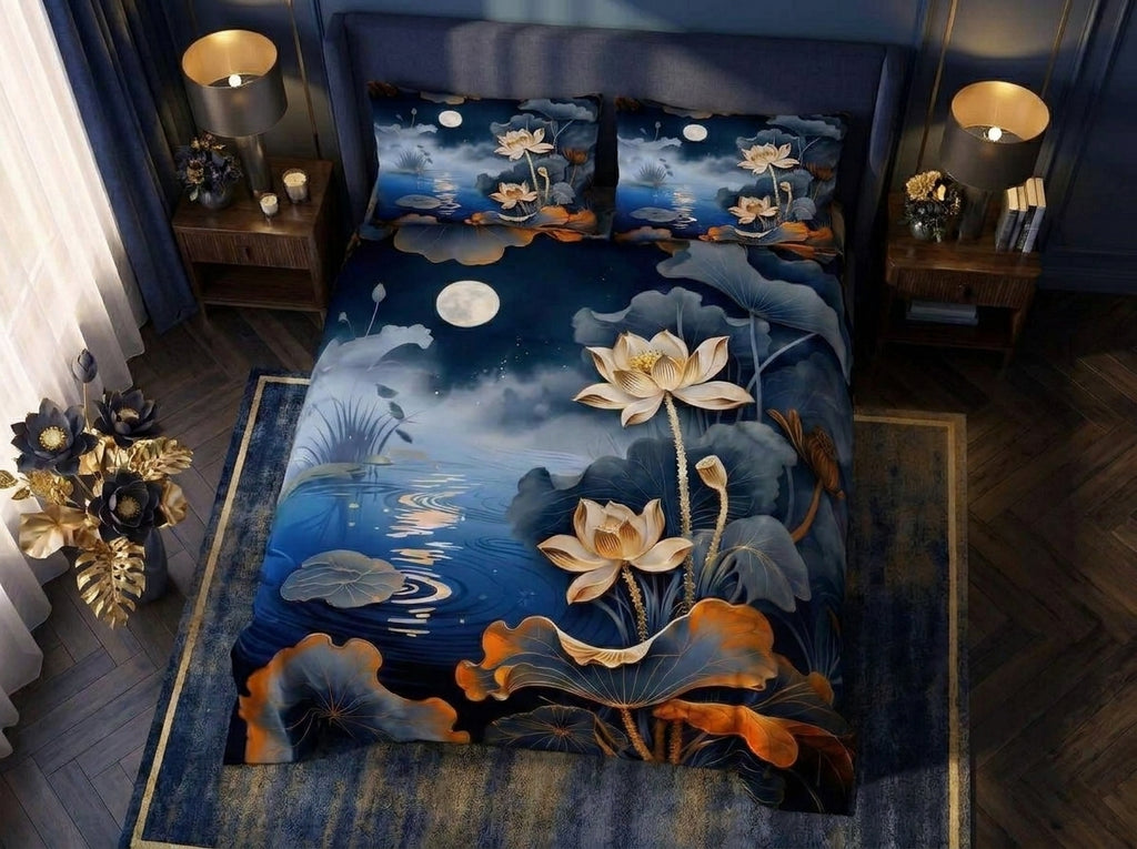 Magic Nights Moonlit Lotus 7D Bedsheet - (Midnight Blue)