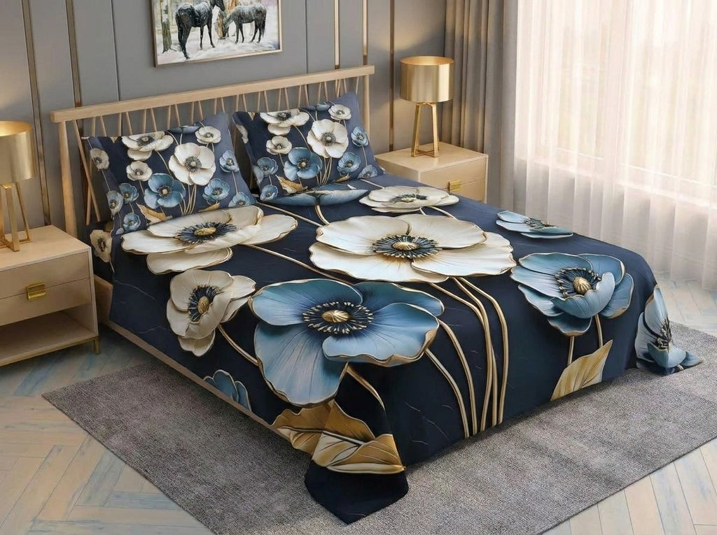 Magic Nights Sapphire Bloom 7D Bedsheet - (Navy Blue)