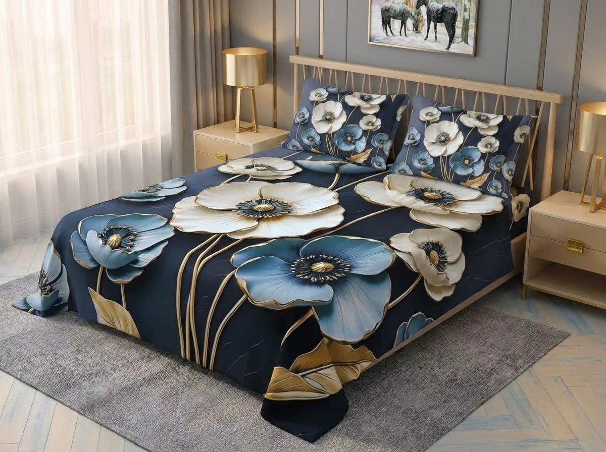 Magic Nights Sapphire Bloom 7D Bedsheet - (Navy Blue)
