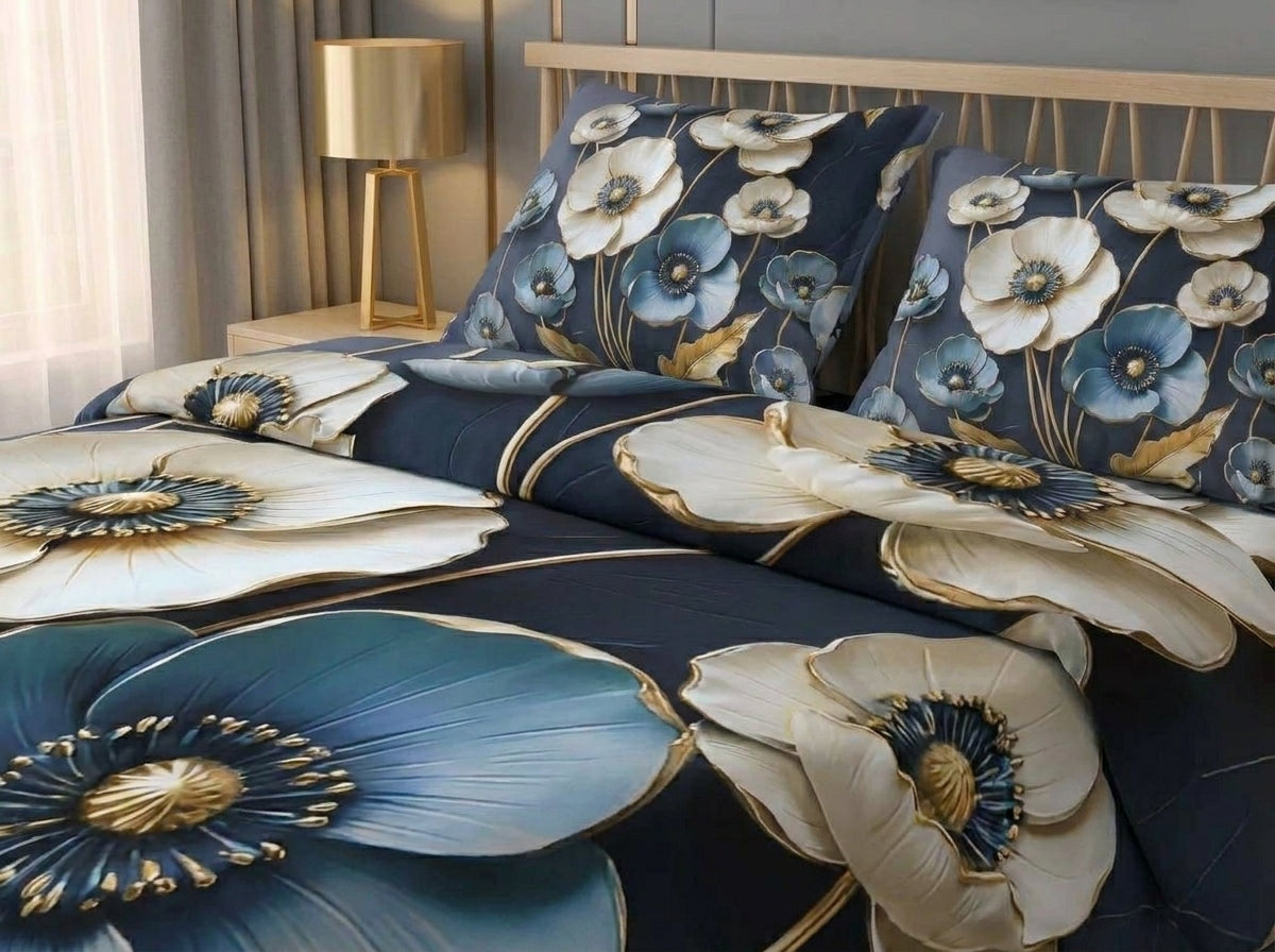 Magic Nights Sapphire Bloom 7D Bedsheet - (Navy Blue)