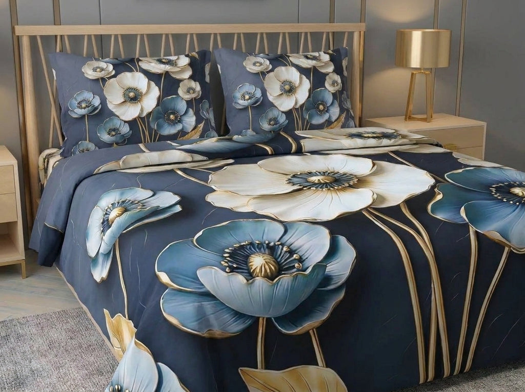 Magic Nights Sapphire Bloom 7D Bedsheet - (Navy Blue)