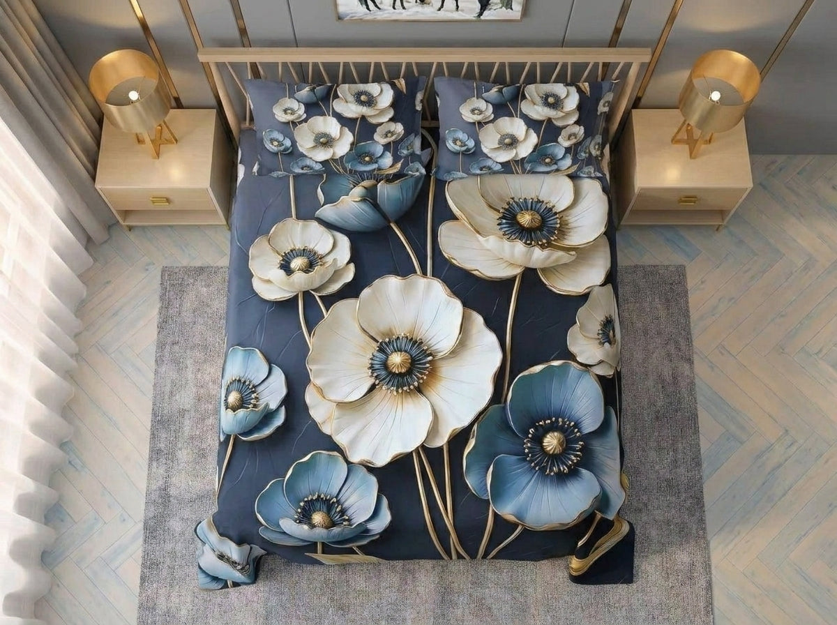 Magic Nights Sapphire Bloom 7D Bedsheet - (Navy Blue)
