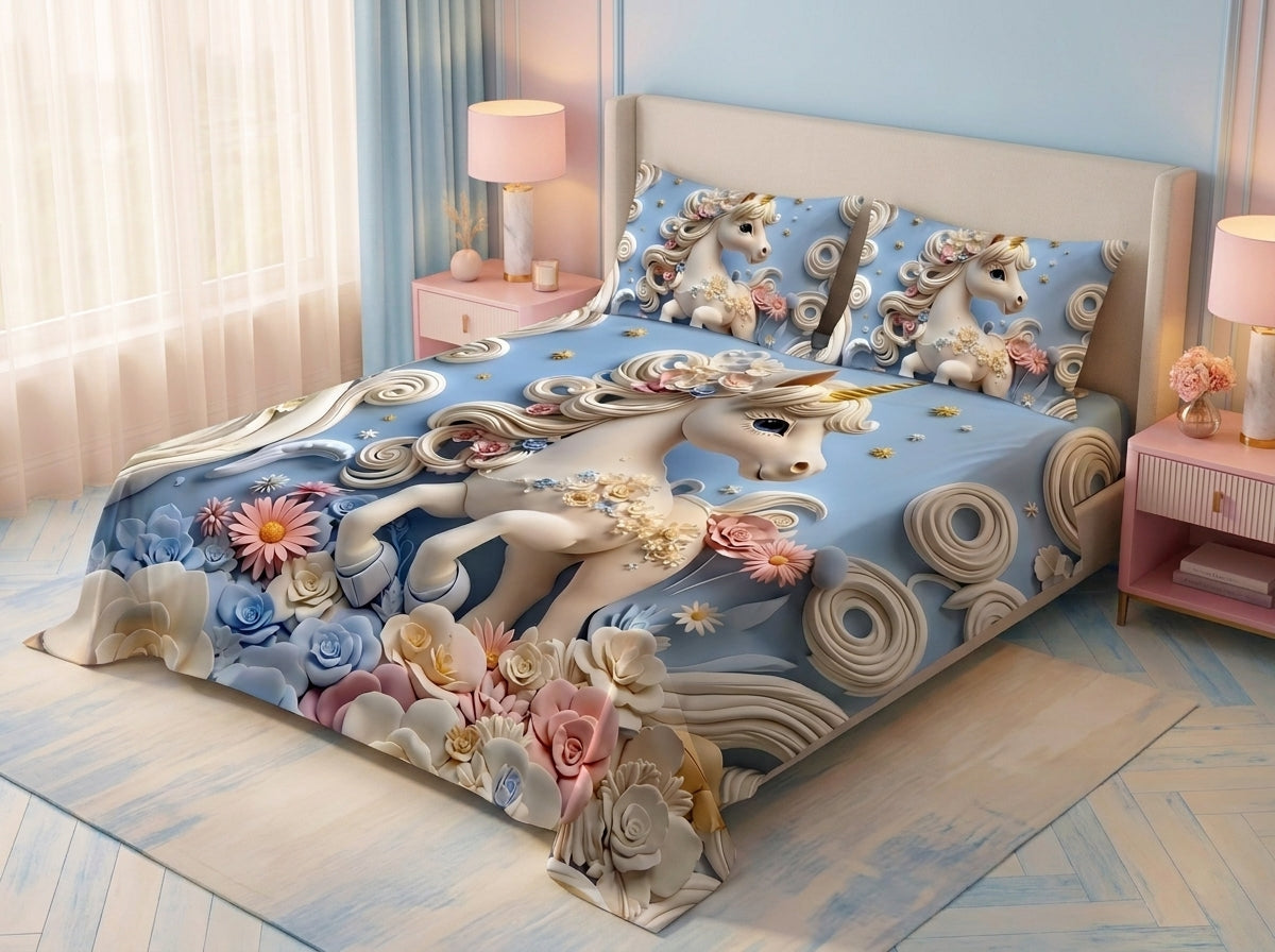 Magic Nights Dream Unicorn 7D Bedsheet - (Blue)