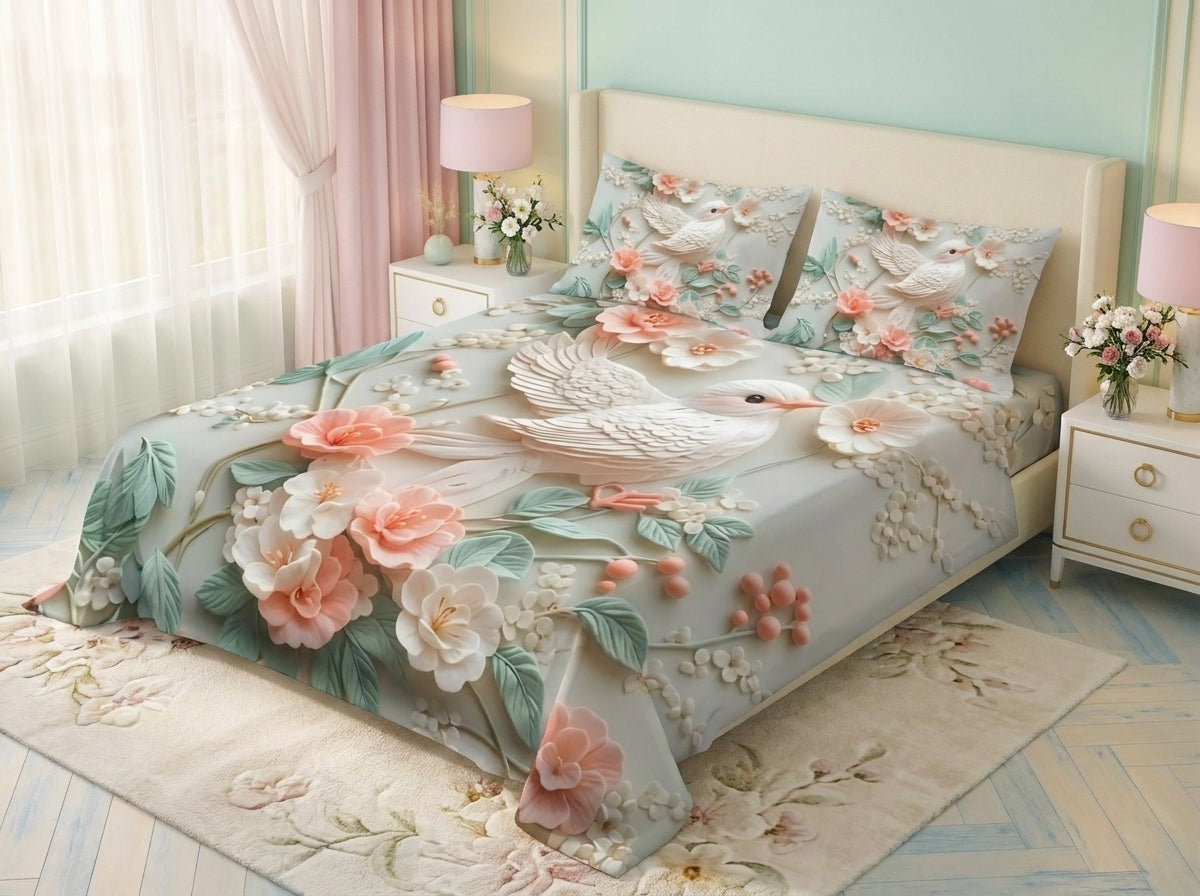 Magic Nights Blossom Bird 7D Bedsheet - (Cream)