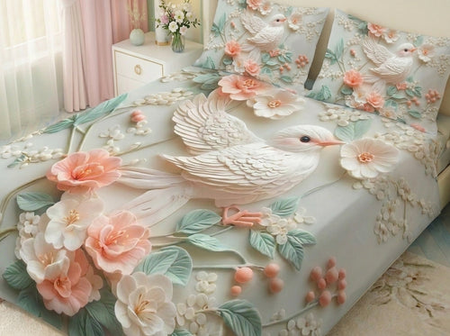 Magic Nights Blossom Bird 7D Bedsheet - (Cream)