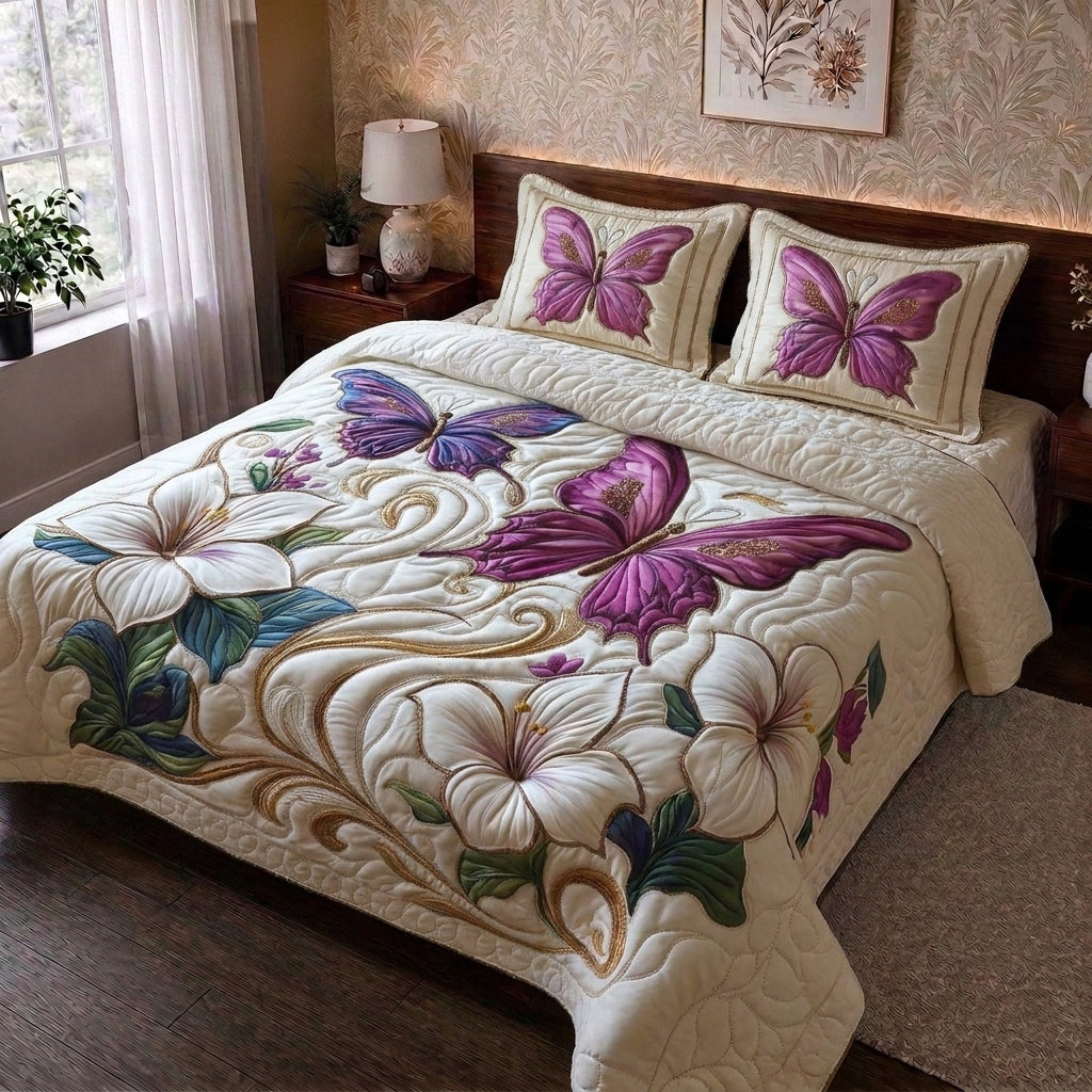 Amethyst Flutter Printed Faux Quilt Bedsheet Set (Ivory)