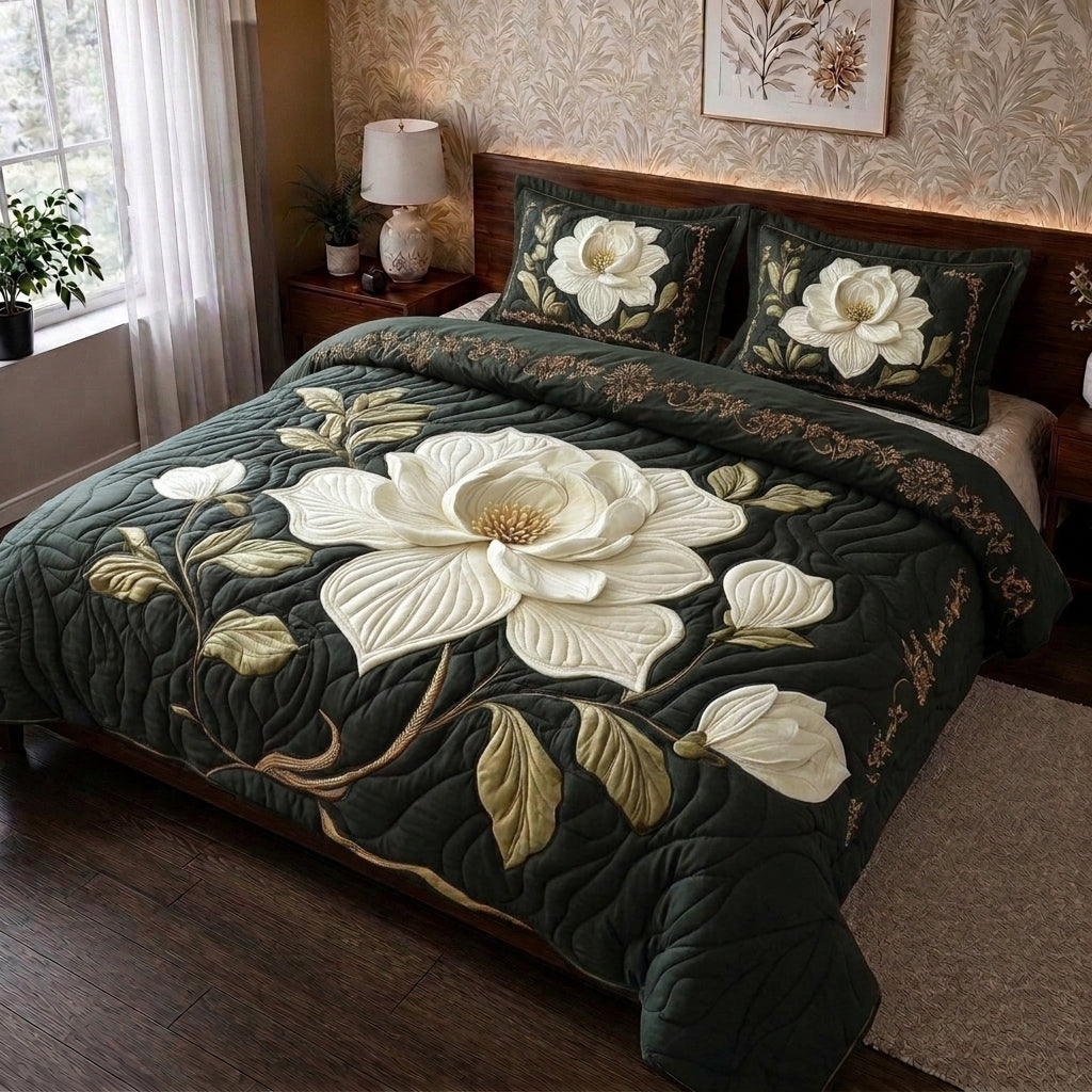 Ivory Blossom Printed Faux Quilt Bedsheet Set (Forest Green)