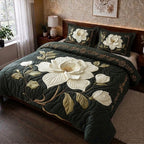 Ivory Blossom Printed Faux Quilt Bedsheet Set (Forest Green)