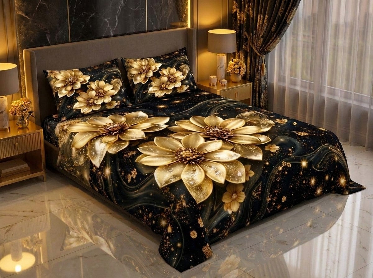 Magic Nights Golden Flora 7D Bedsheet - (Black)