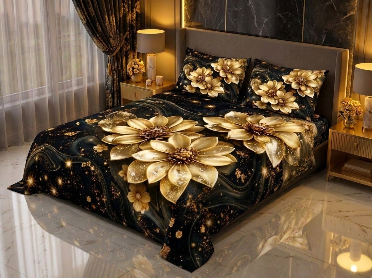 Magic Nights Golden Flora 7D Bedsheet - (Black)