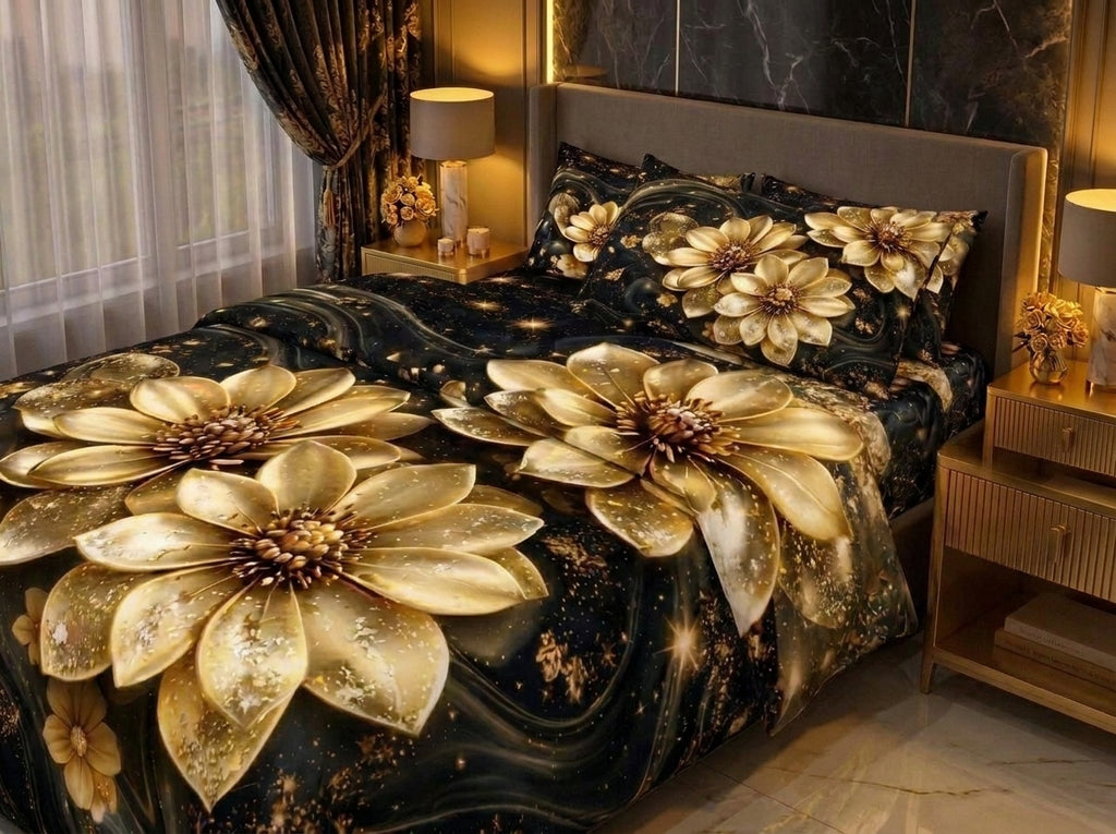 Magic Nights Golden Flora 7D Bedsheet - (Black)