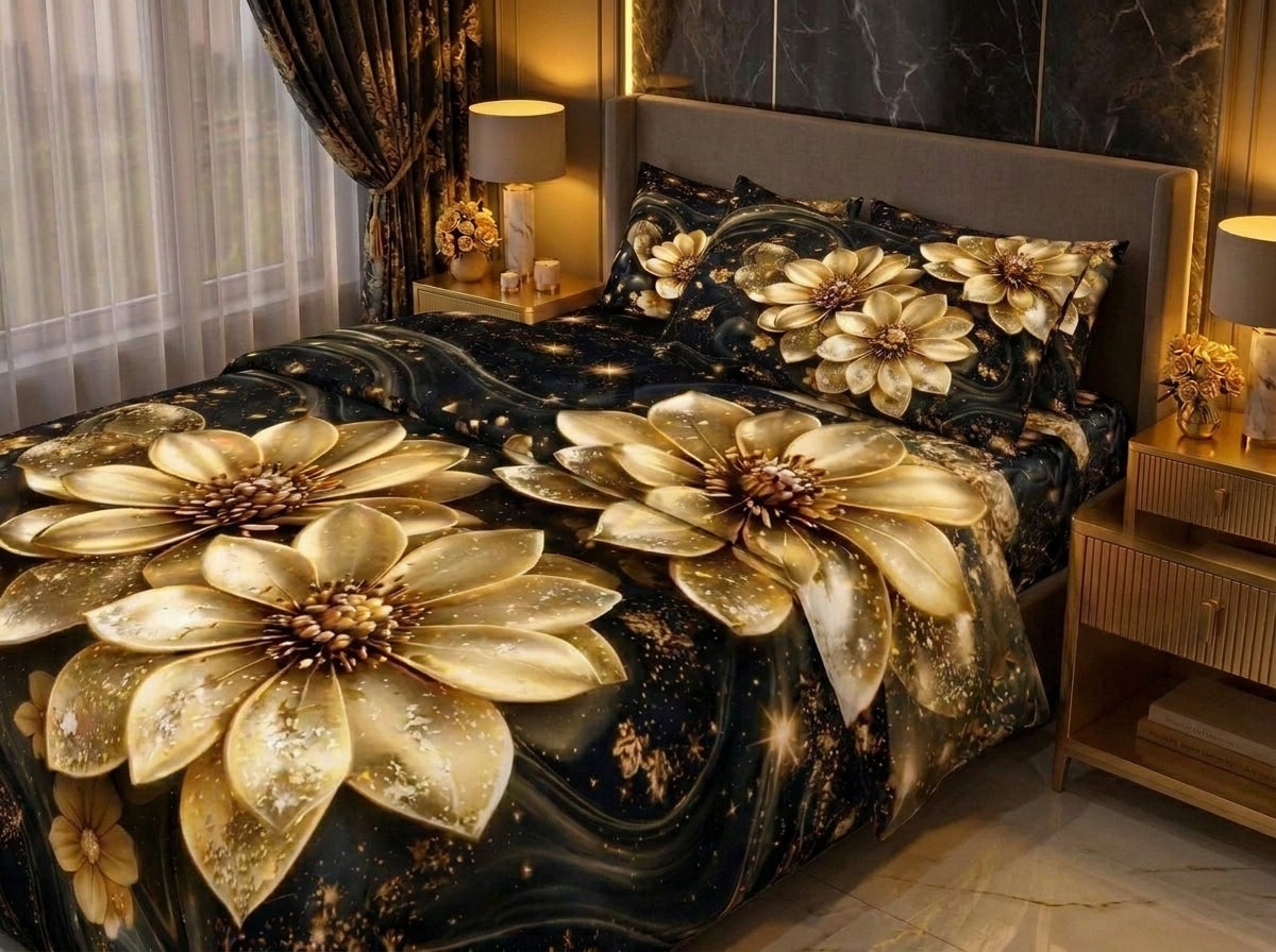 Magic Nights Golden Flora 7D Bedsheet - (Black)