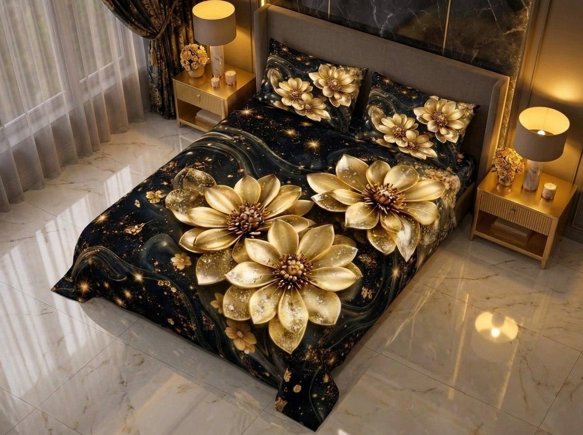 Magic Nights Golden Flora 7D Bedsheet - (Black)