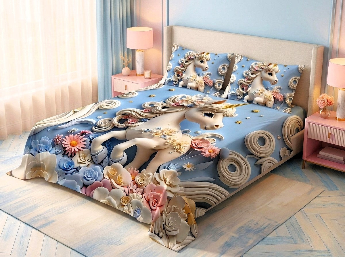 Magic Nights Dream Unicorn 7D Bedsheet - (Blue)