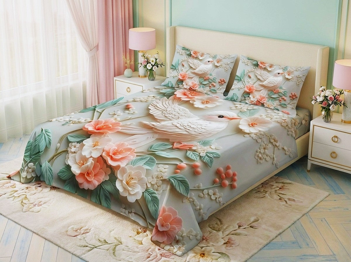 Magic Nights Blossom Bird 7D Bedsheet - (Cream)