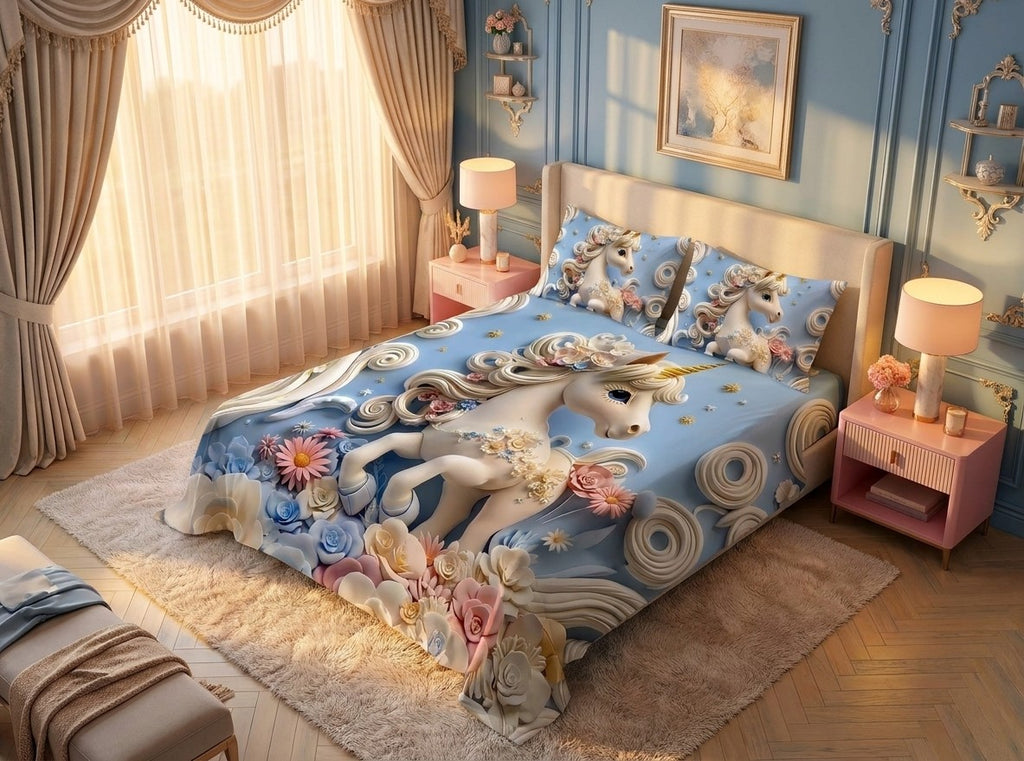 Magic Nights Dream Unicorn 7D Bedsheet - (Blue)