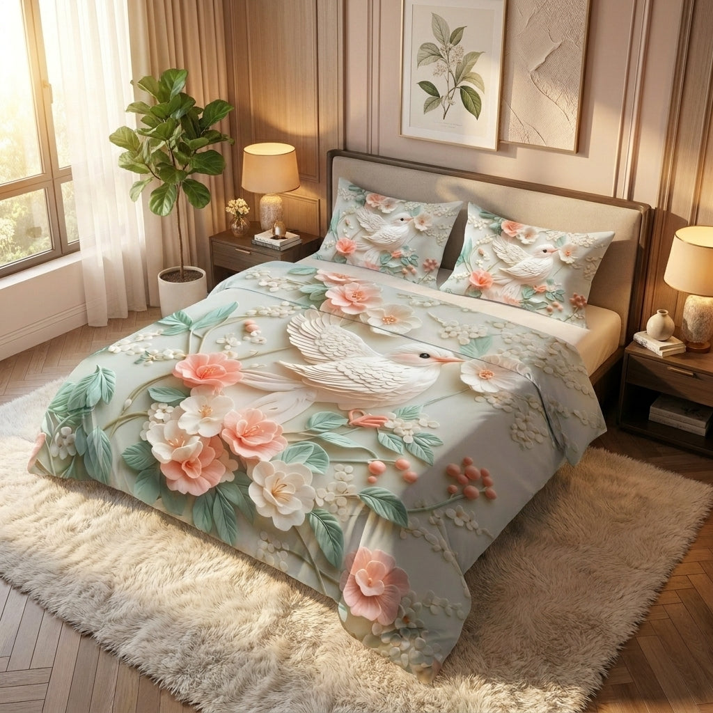 Magic Nights Blossom Bird 7D Bedsheet - (Cream)