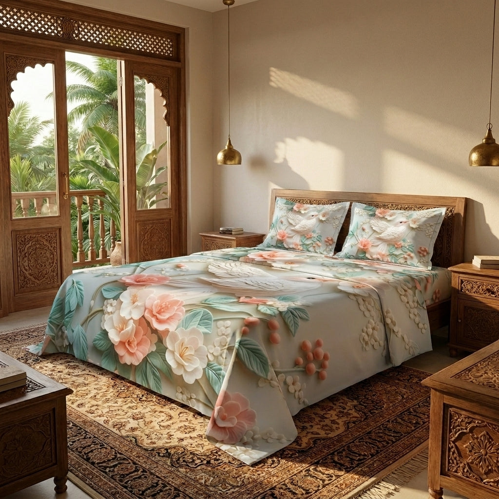 Magic Nights Blossom Bird 7D Bedsheet - (Cream)
