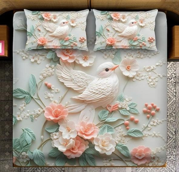 Magic Nights Blossom Bird 7D Bedsheet - (Cream)