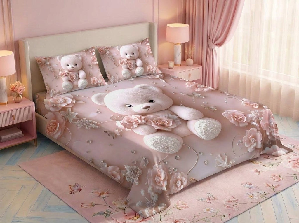Magic Nights Rosy Teddy 7D Bedsheet - (Pink)